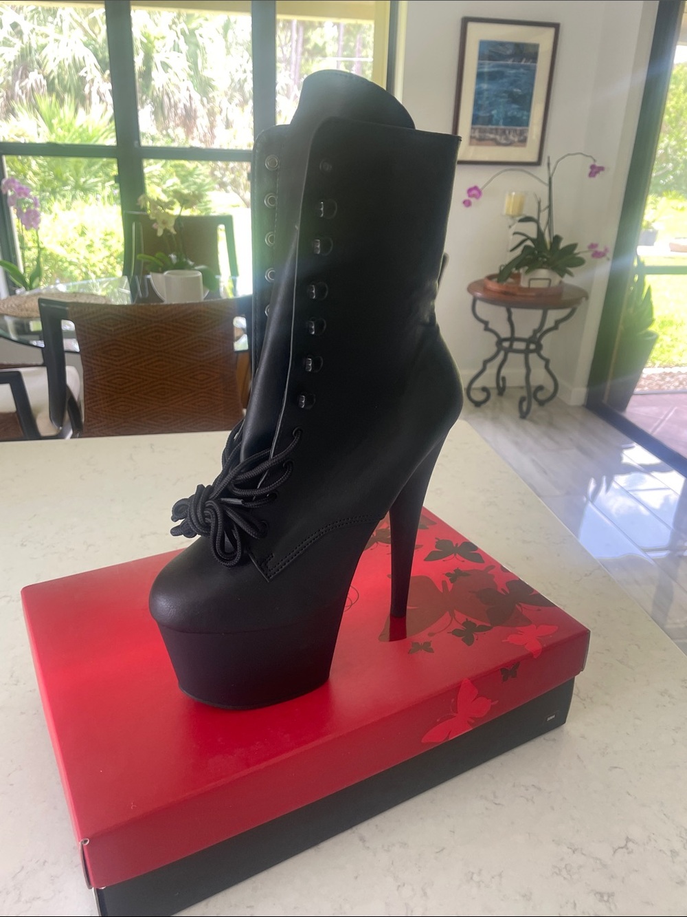 Pleaser Black Lace-Up Platform Stiletto Ankle Boots